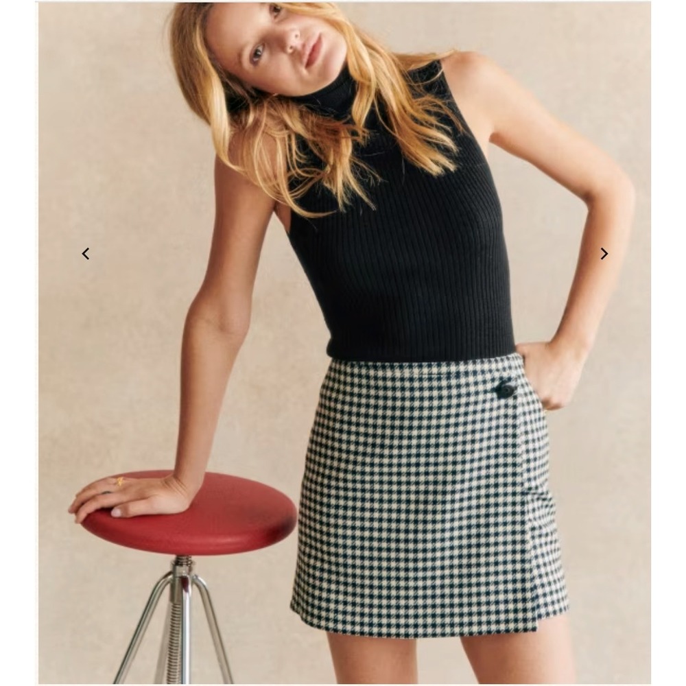 NWT Sezane Laure Skirt Black &‎ White Houndstooth Wool Blend Dark Academia 34